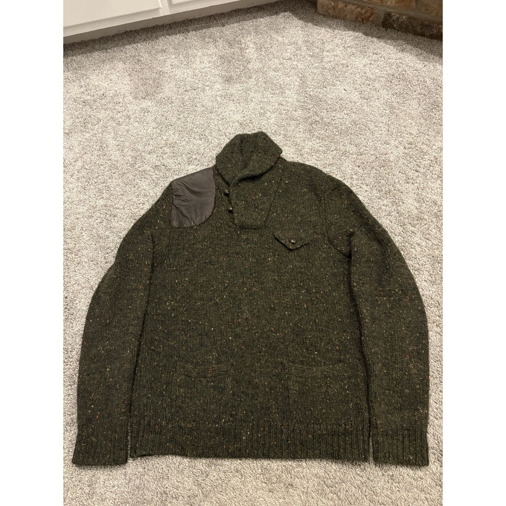 Vintage 90s Polo Ralph Lauren Wool-Knit Shawl-Collar Sweater Green Tweed Leather